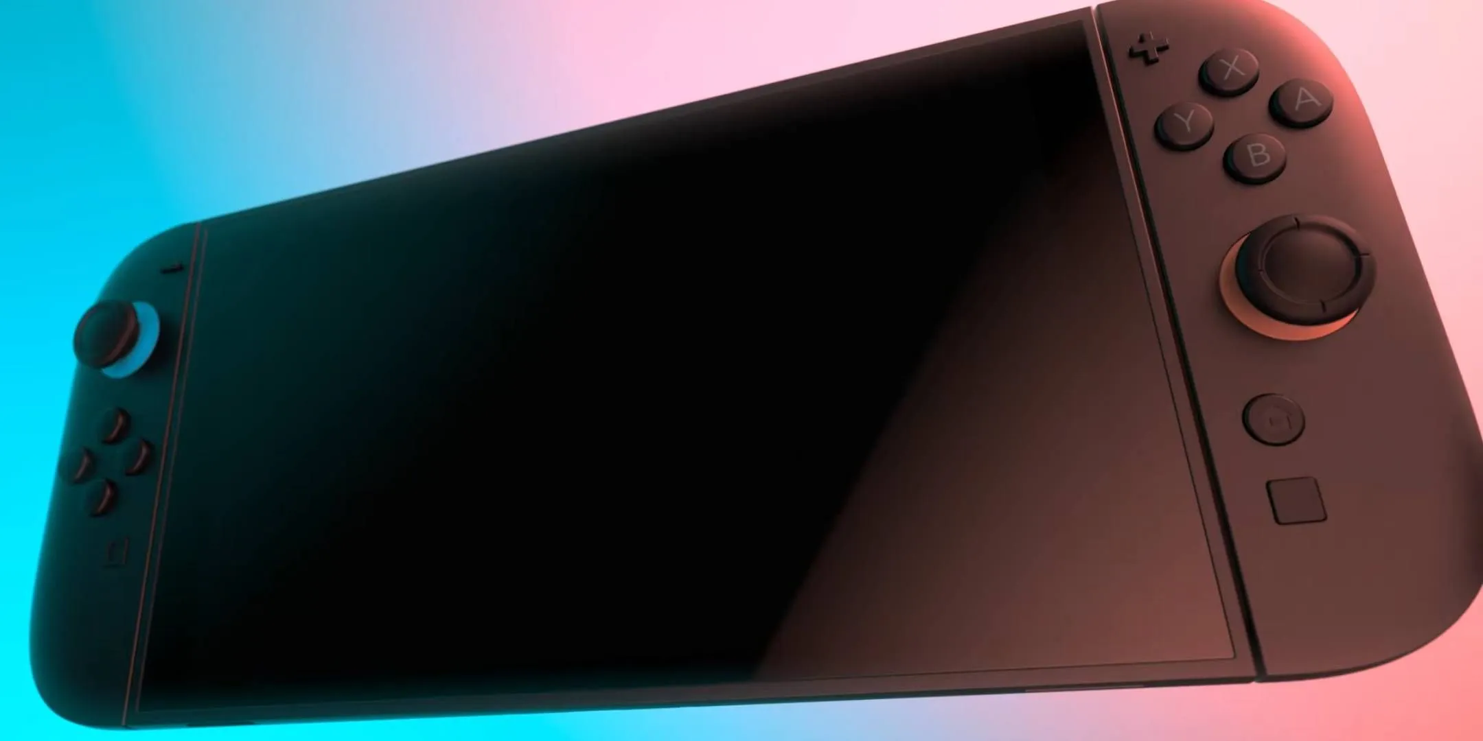 نمونه ای نزدیک از Nintendo Switch 2 با مضرات شادی در پس زمینه قرمز و آبی متصل شده است.