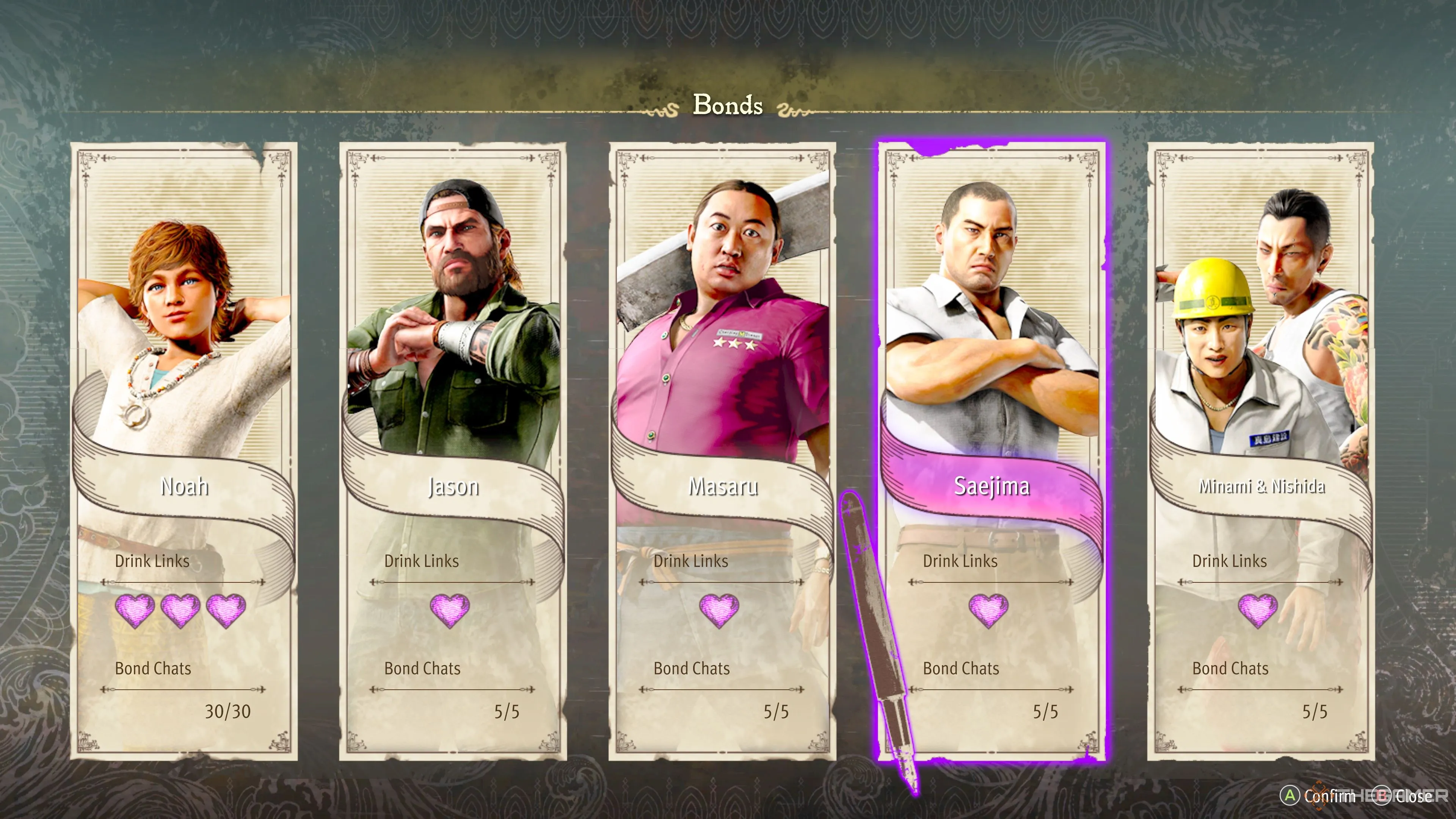 The Goro Pirates' Bonds list in Like A Dragon: Pirate Yakuza In Hawaii.