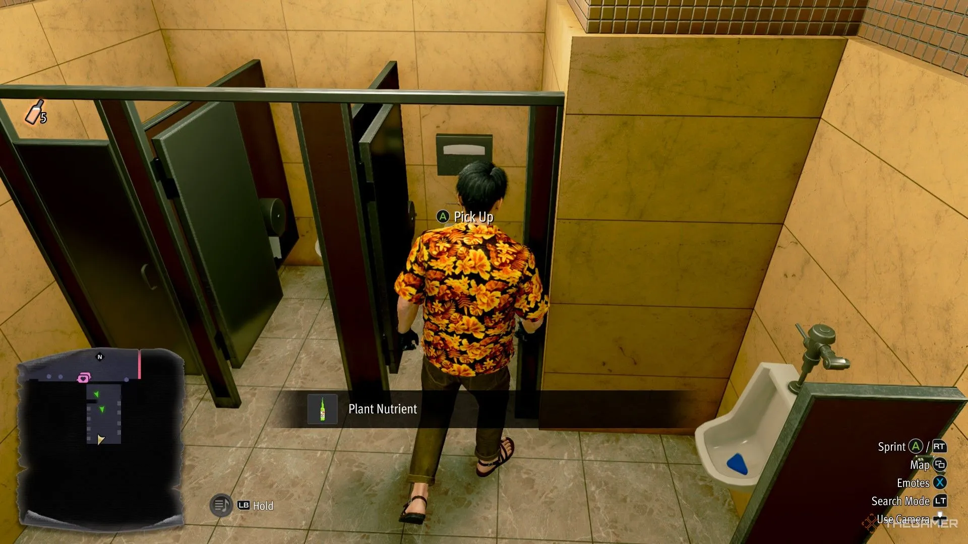 Majima in a restroom in Like a Dragon Pirate Yakuza in Hawaii.