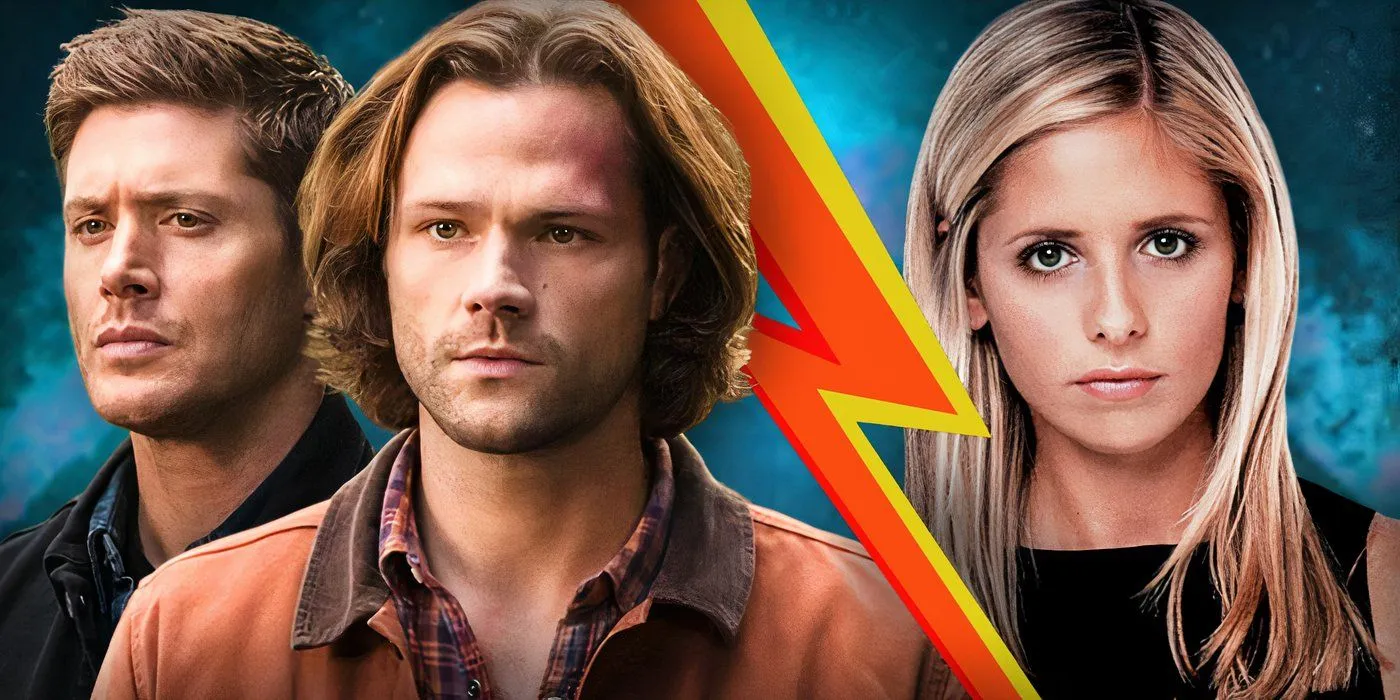 Dean and Sam Winchester, and Buffy separated by a red lightning bolt