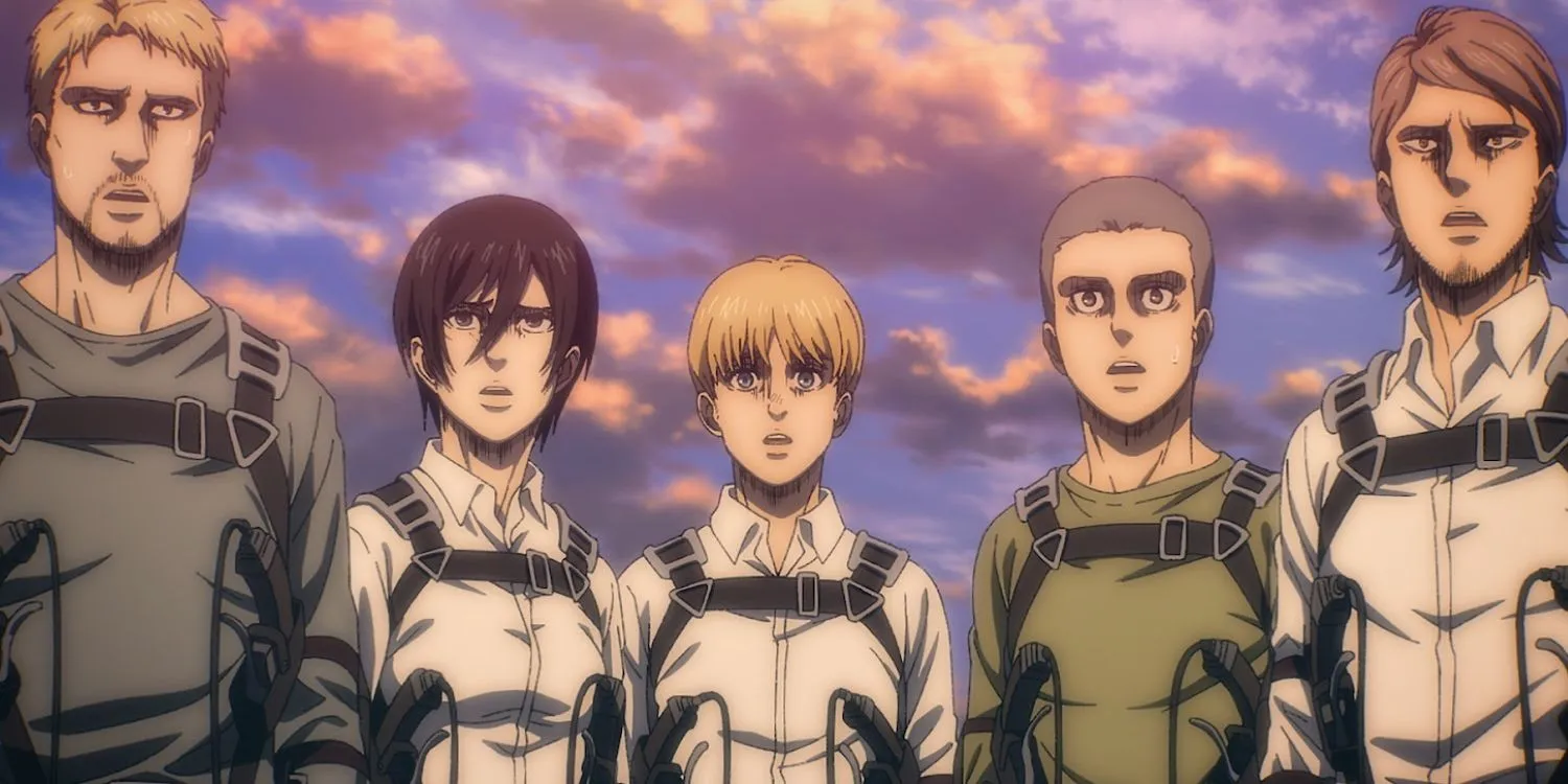 The main anime cast of Attack on Titan: The Last Attack looks on in horror. 