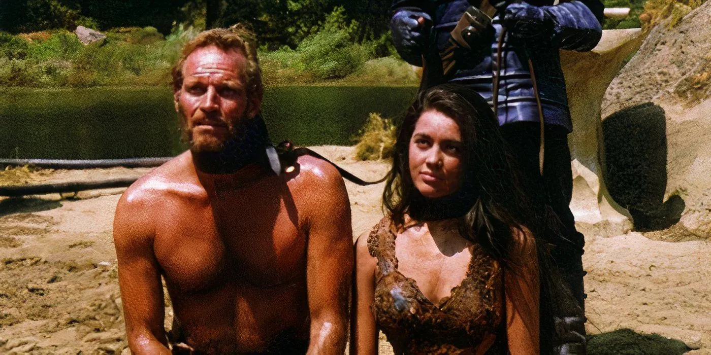 Colonel George Taylor (Charlton Heston) and Nova (Linda Harrison) captured in Planet of the Apes, 1968.