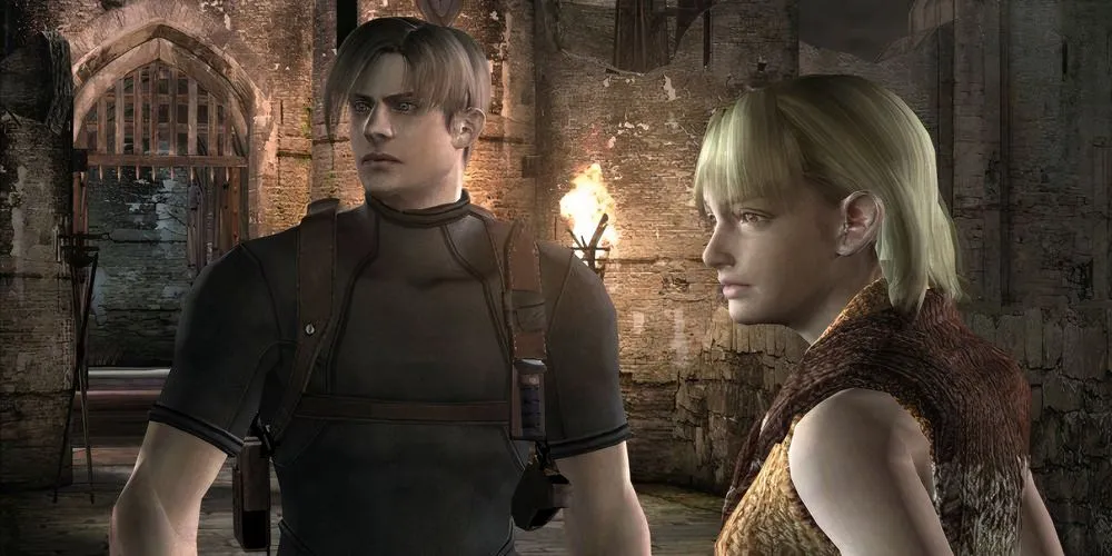 لئون کندی و اشلی در Resident Evil 4 (2005) کنار هم ایستاده اند.
