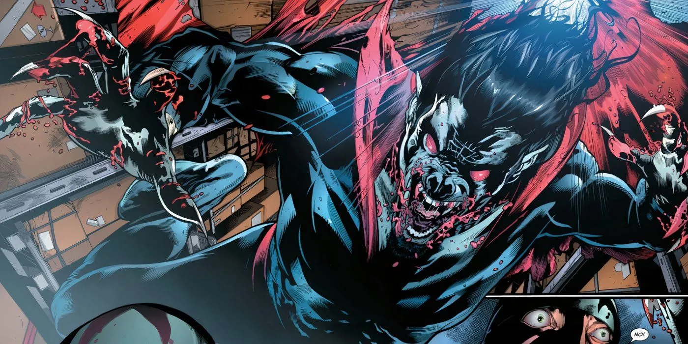 Morbius jumping down onto a hanchman.