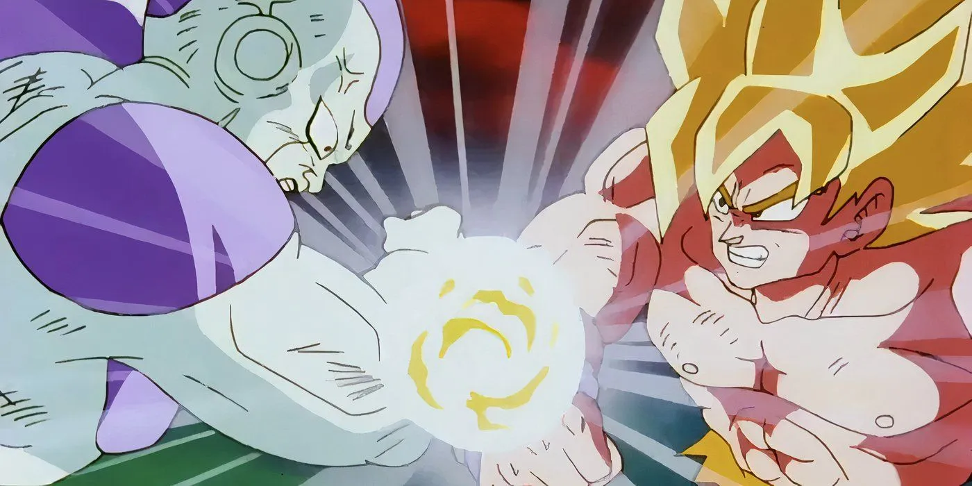 Frieza and Super Saiyan Goku clash on Planet Namek in Dragon Ball Z. 