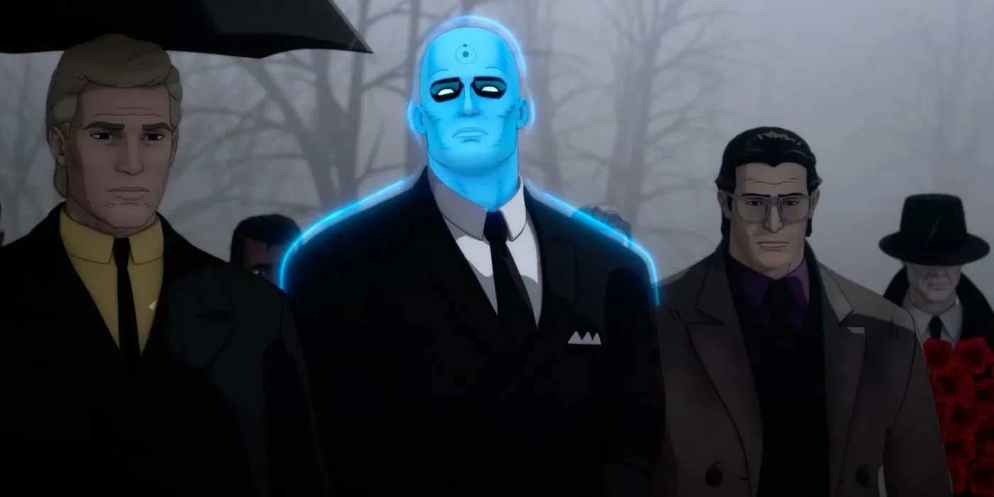 Ozymandias، دکتر منهتن، Nite Owl و Rorschach در مراسم تشییع جنازه کمدین در Watchmen Chapter 1