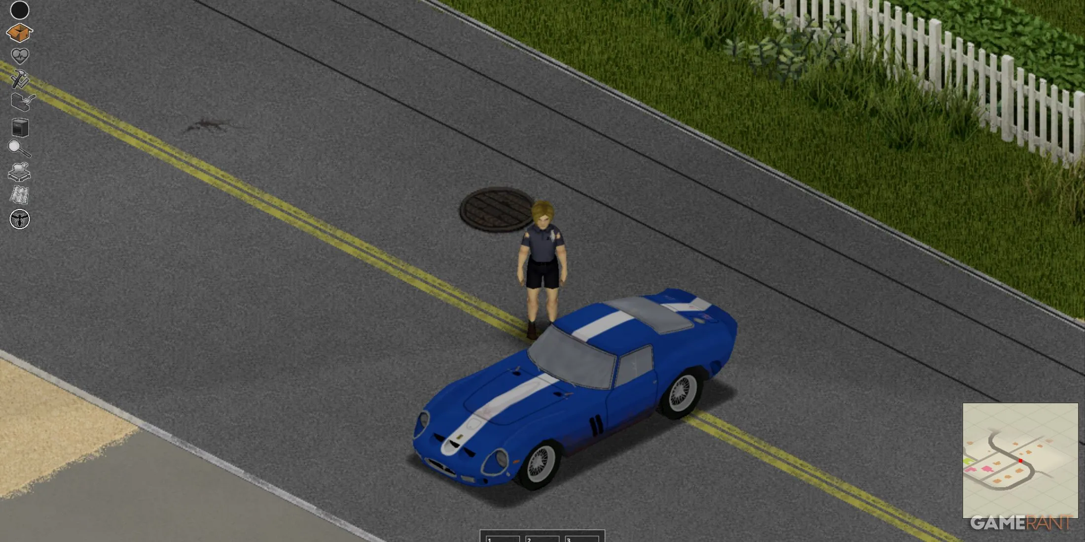 شخصیت ایستاده در کنار یک ماشین اسپرت آبی که با مد FHQ Car در Project Zomboid معرفی شده است