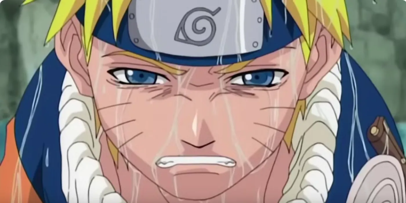 Naruto Uzumaki looks sad at the Valley of the End battle in Naruto.