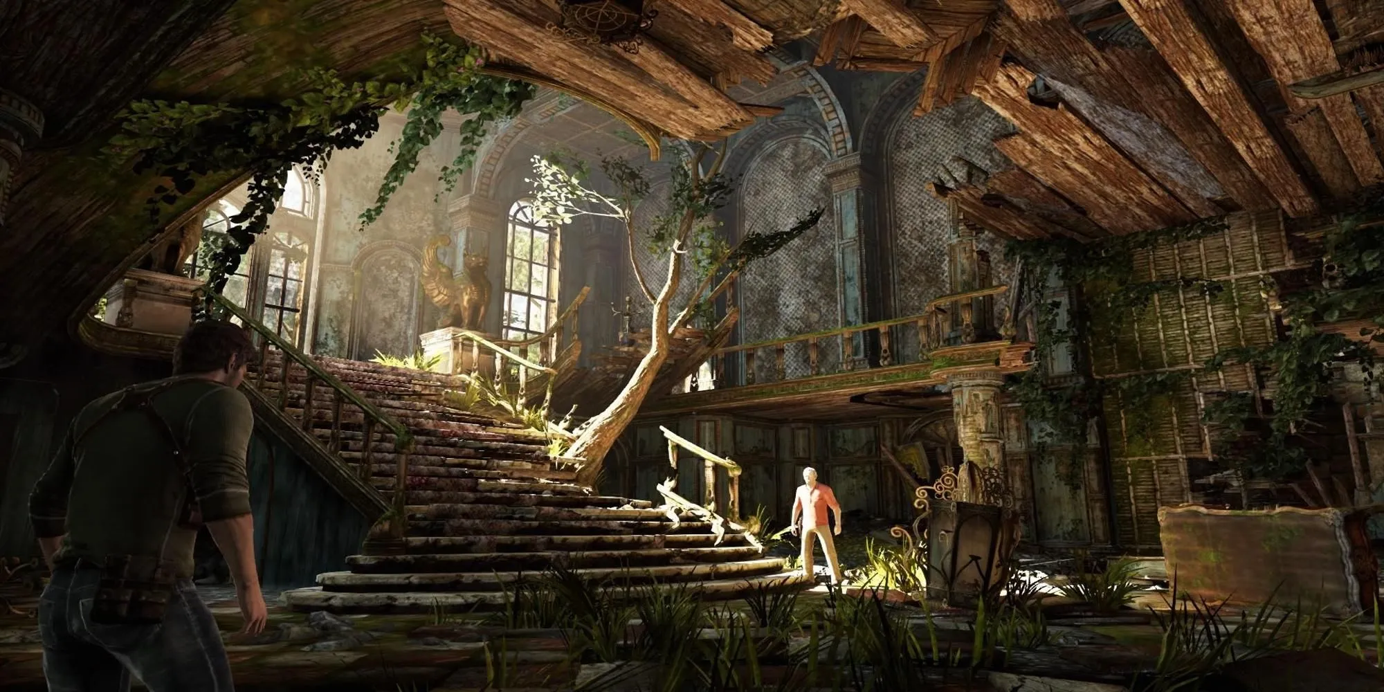 ناتان و سم در مقابل یک پلکان بزرگ در Uncharted 3